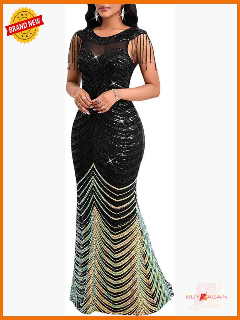 Sequin Mesh Bodycon Maxi Dress Party Evening Gown